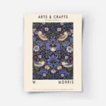 affiche arts crafts avec motif floral et oiseaux bleus verts et orange sur fond .webp