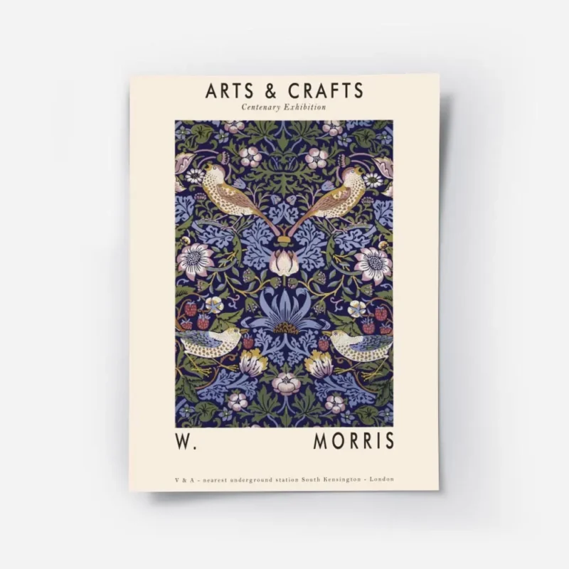 affiche arts crafts avec motif floral et oiseaux bleus verts et orange sur fond .webp
