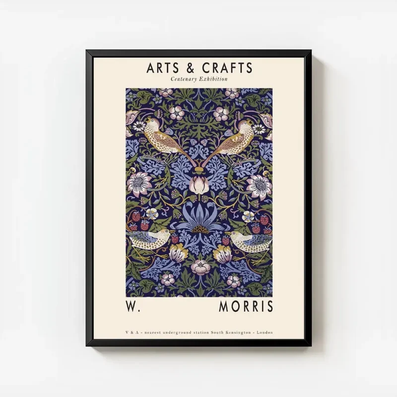 affiche arts crafts avec motif floral et oiseaux bleus verts et orange sur fond avec cadre.webp
