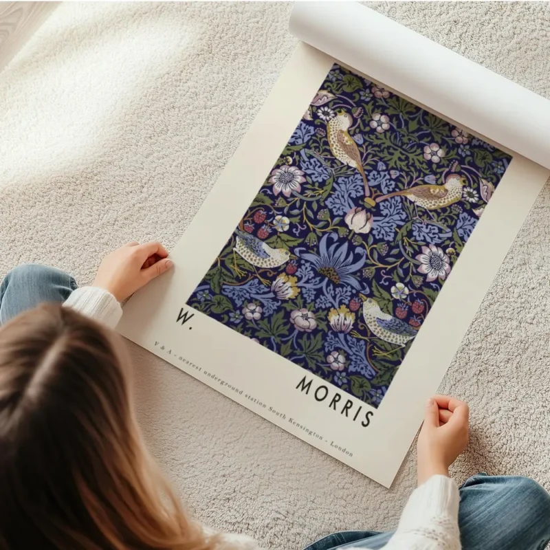 affiche arts crafts avec motif floral et oiseaux bleus verts et orange sur fond en rouleau.webp