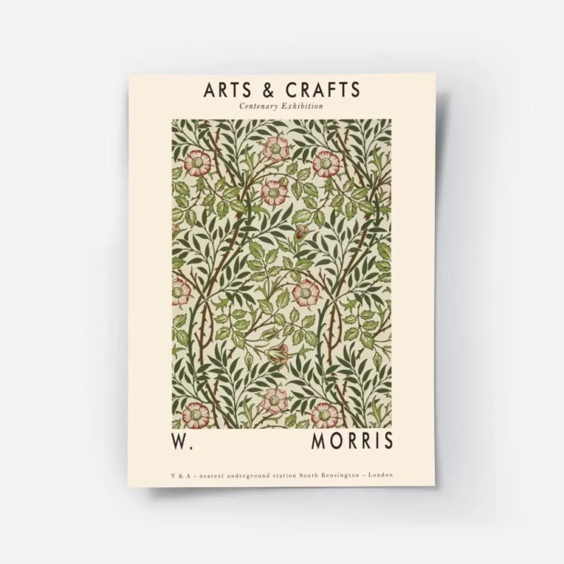 affiche arts crafts avec motif floral vert et rouge sur fond beige typographie a.webp