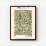 affiche arts crafts avec motif floral vert et rouge sur fond beige typographie a avec cadre.webp