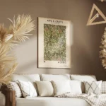 affiche arts crafts avec motif floral vert et rouge sur fond beige typographie a salon.webp