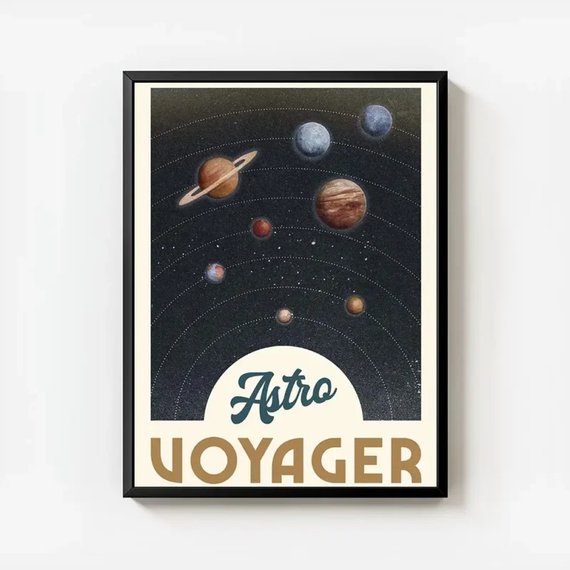 affiche astro voyager avec systeme solaire planetes en orbite et typographie ast avec cadre.webp