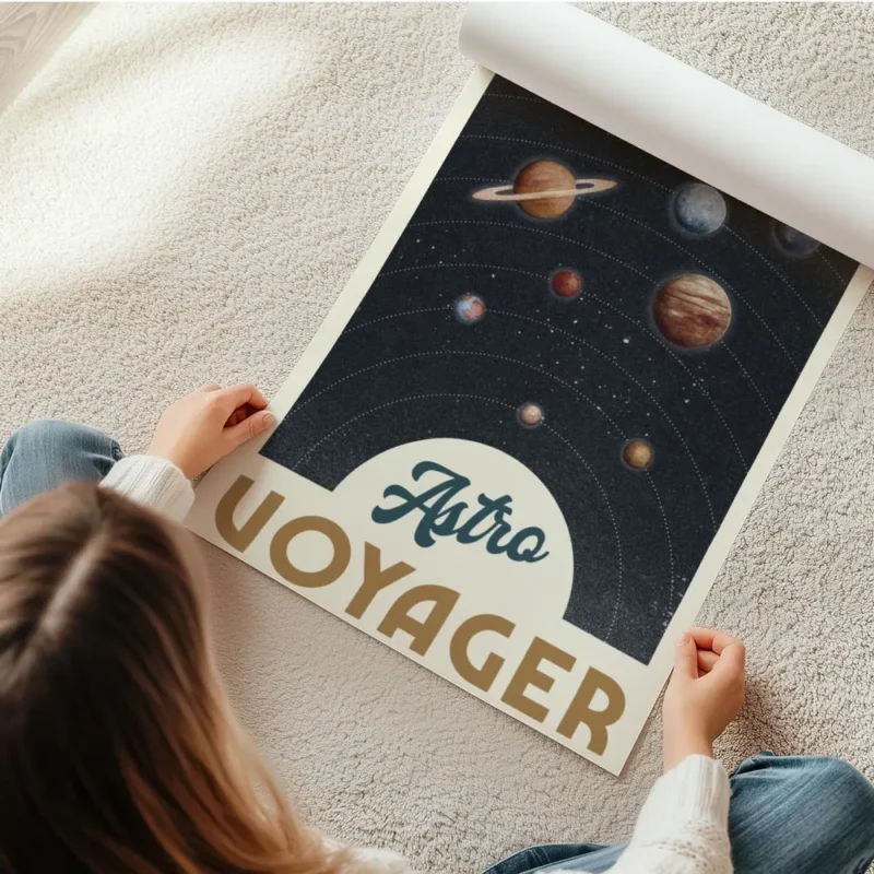 affiche astro voyager avec systeme solaire planetes en orbite et typographie ast en rouleau.webp