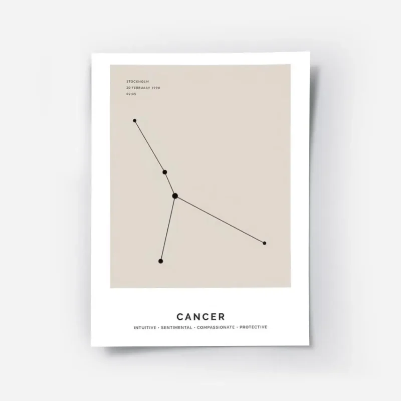 affiche astrologique cancer beige avec illustration de la constellation et typog.webp