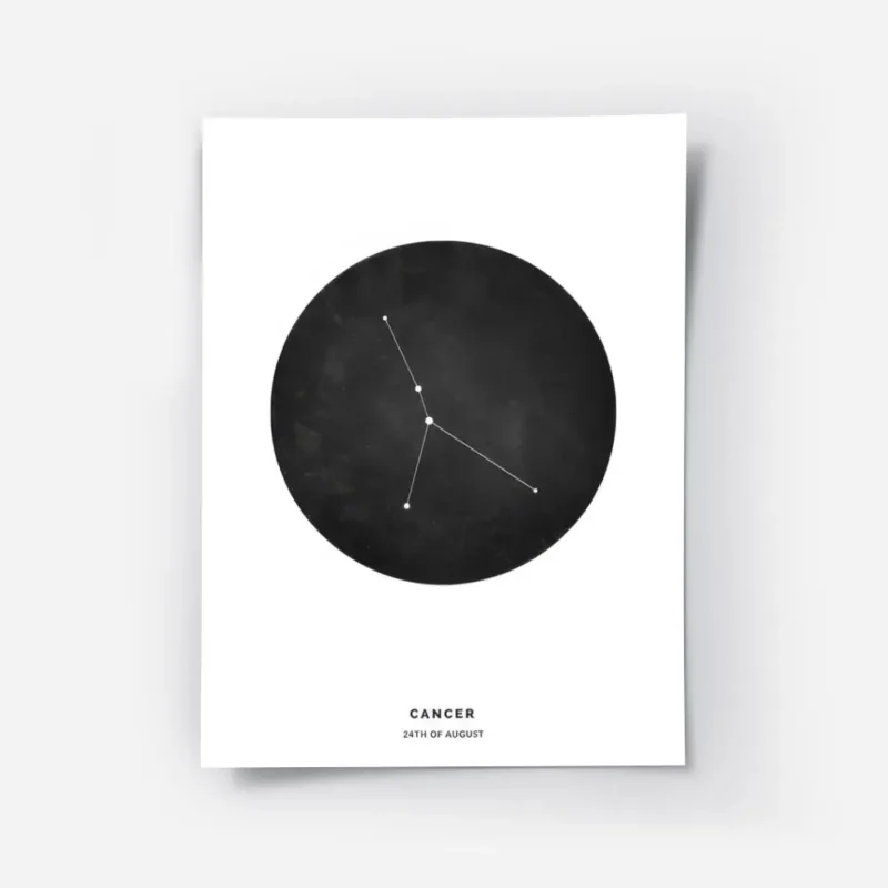 affiche astrologique du cancer avec typographie cercle noir et constellation min.webp