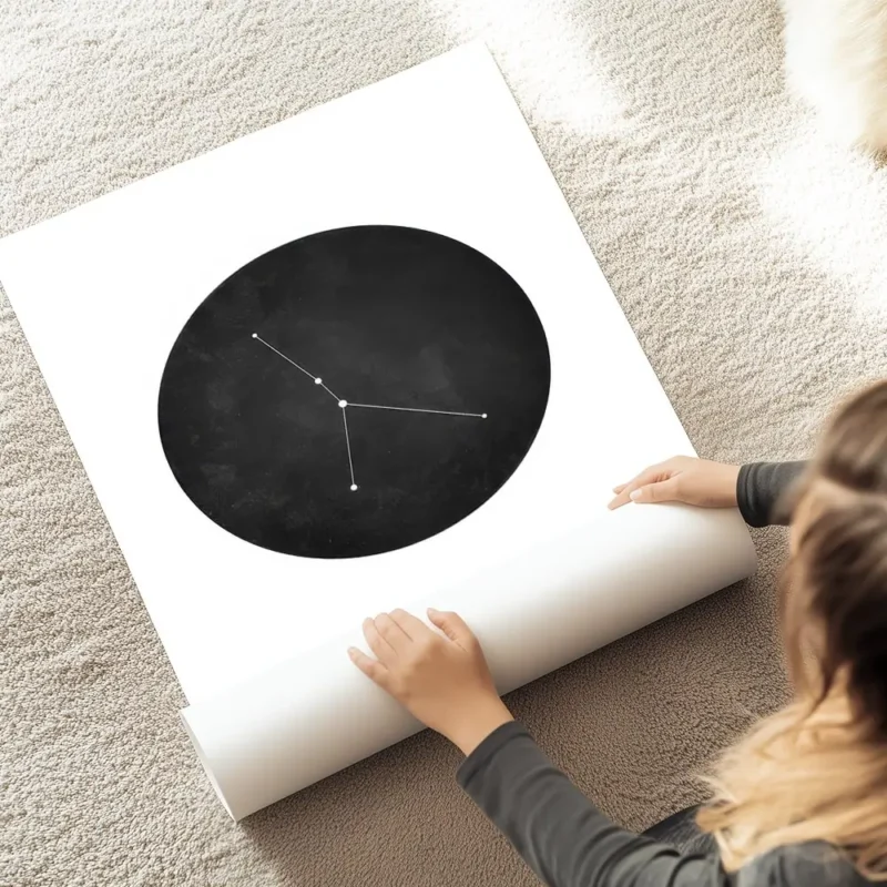 affiche astrologique du cancer avec typographie cercle noir et constellation min au sol.webp