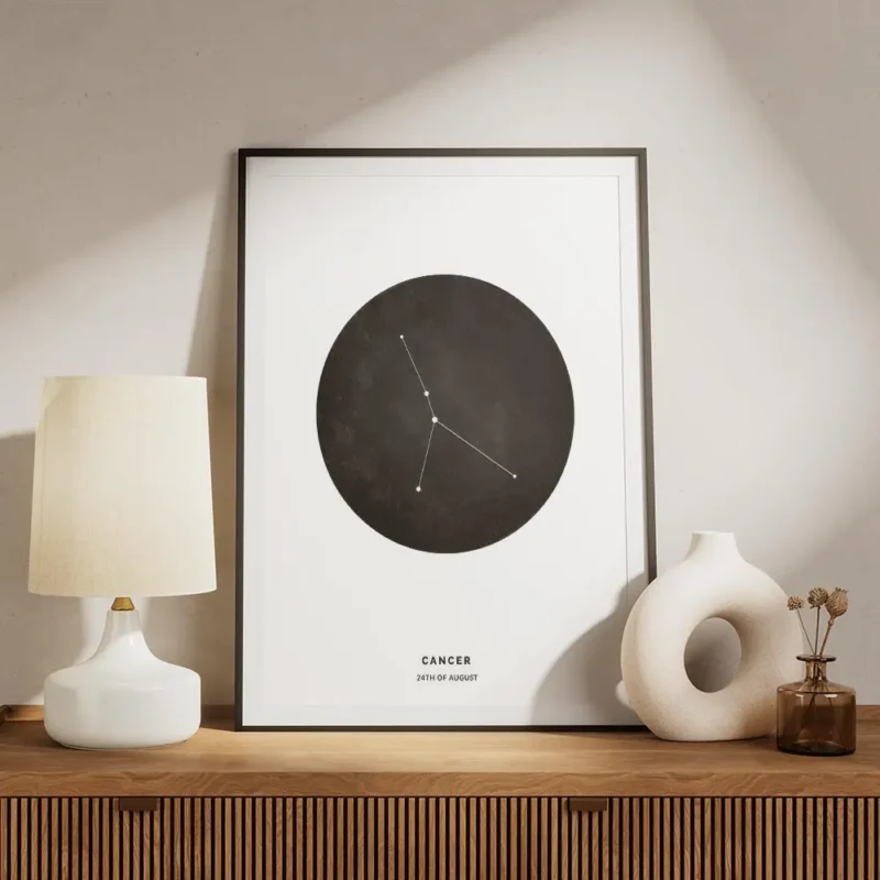 affiche astrologique du cancer avec typographie cercle noir et constellation min meuble.webp
