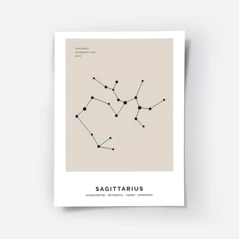 affiche astrologique du sagittaire avec une constellation noire et texte sur fon.webp