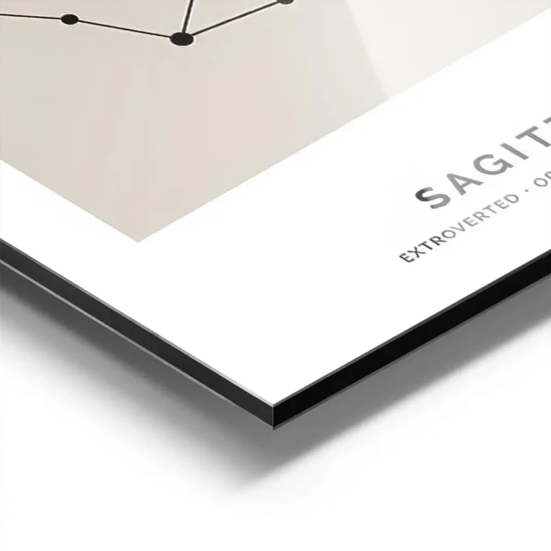 affiche astrologique du sagittaire avec une constellation noire et texte sur fon aluminium.webp