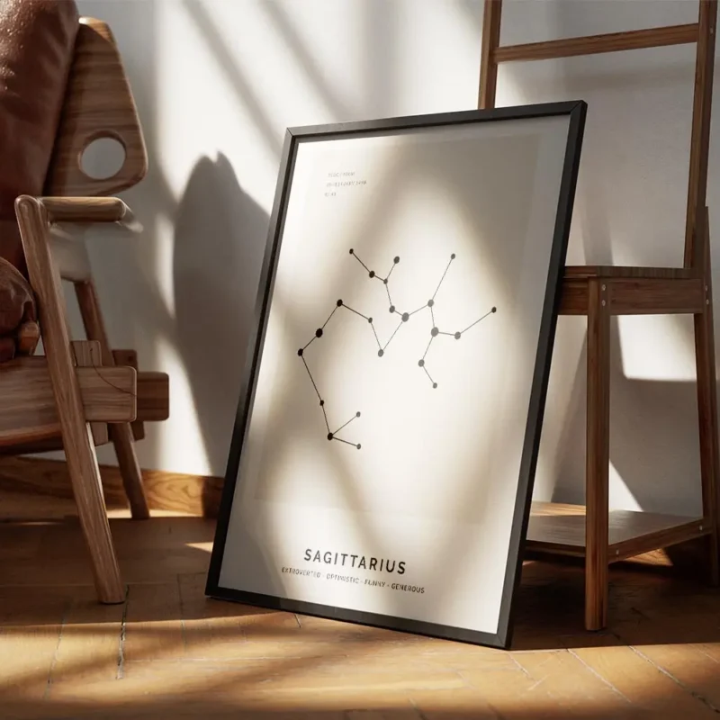affiche astrologique du sagittaire avec une constellation noire et texte sur fon encadre.webp