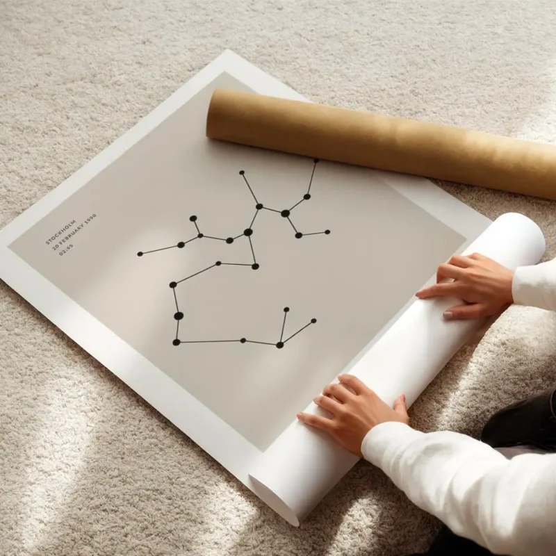 affiche astrologique du sagittaire avec une constellation noire et texte sur fon enroule.webp