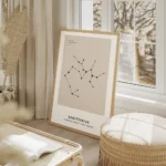 affiche astrologique du sagittaire avec une constellation noire et texte sur fon salon beige.webp