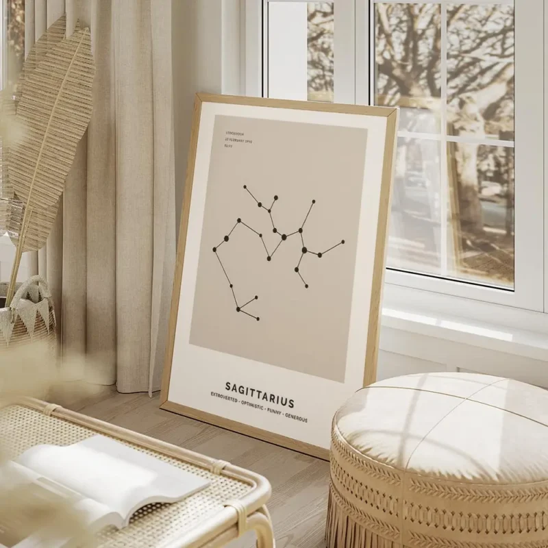 affiche astrologique du sagittaire avec une constellation noire et texte sur fon salon beige.webp