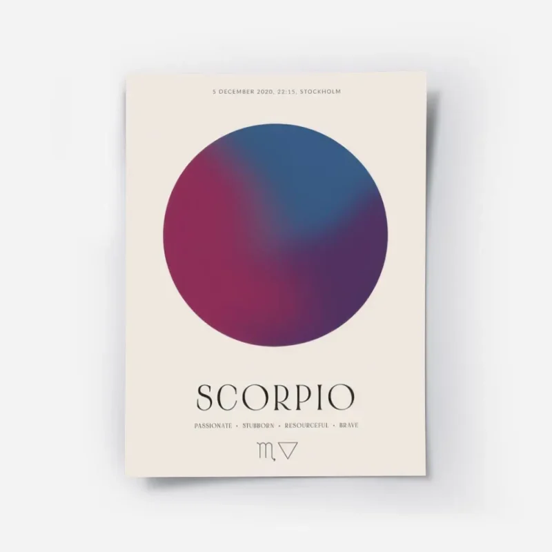 affiche astrologique scorpion avec un globe degrade rose violet bleu et texte ty.webp
