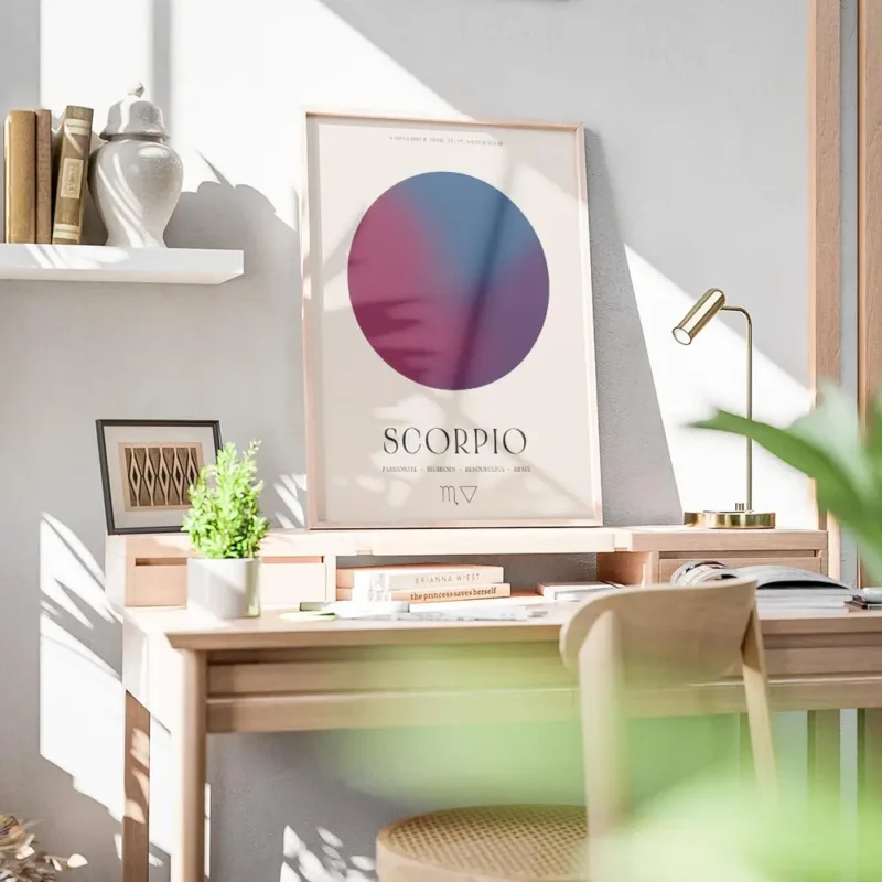 affiche astrologique scorpion avec un globe degrade rose violet bleu et texte ty bureau.webp