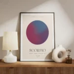 affiche astrologique scorpion avec un globe degrade rose violet bleu et texte ty meuble.webp