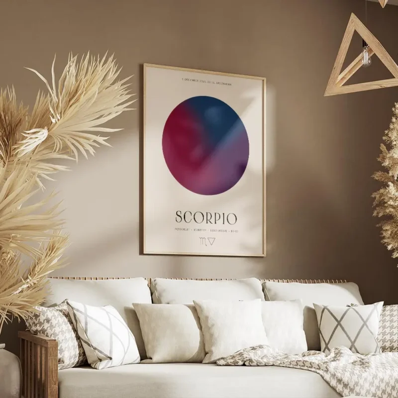 affiche astrologique scorpion avec un globe degrade rose violet bleu et texte ty salon.webp