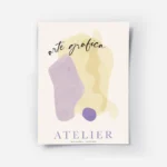 affiche atelier art no2 avec des formes graphiques en jaune et violet et du text.webp