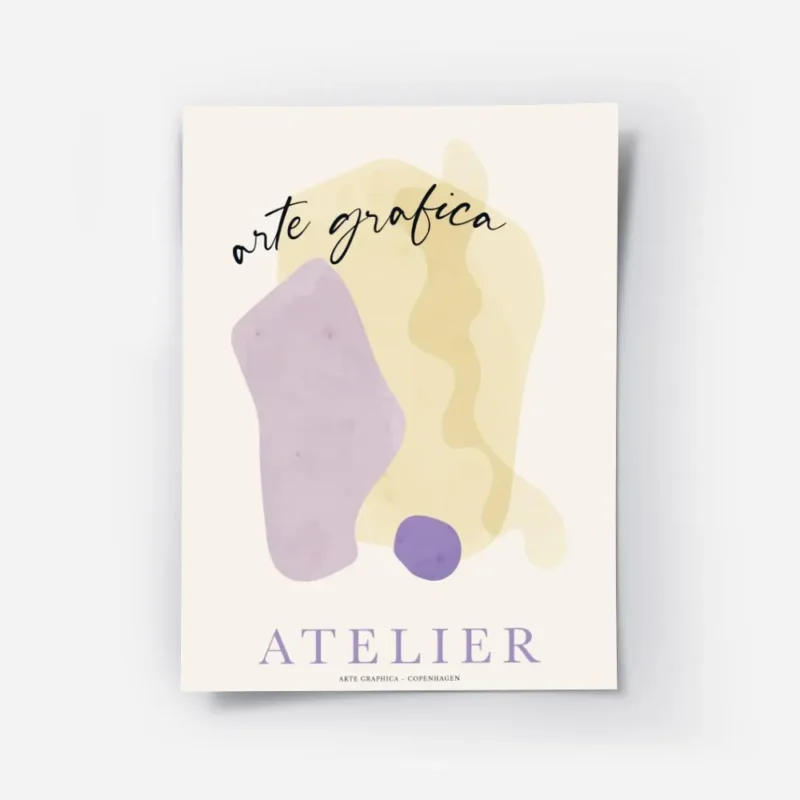 affiche atelier art no2 avec des formes graphiques en jaune et violet et du text.webp