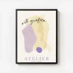 affiche atelier art no2 avec des formes graphiques en jaune et violet et du text avec cadre.webp