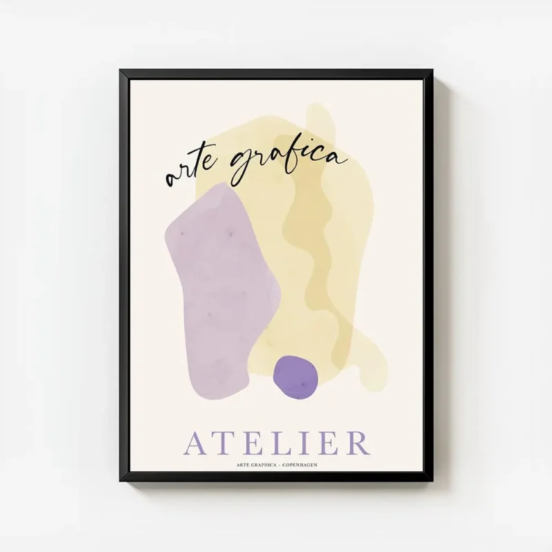 affiche atelier art no2 avec des formes graphiques en jaune et violet et du text avec cadre.webp