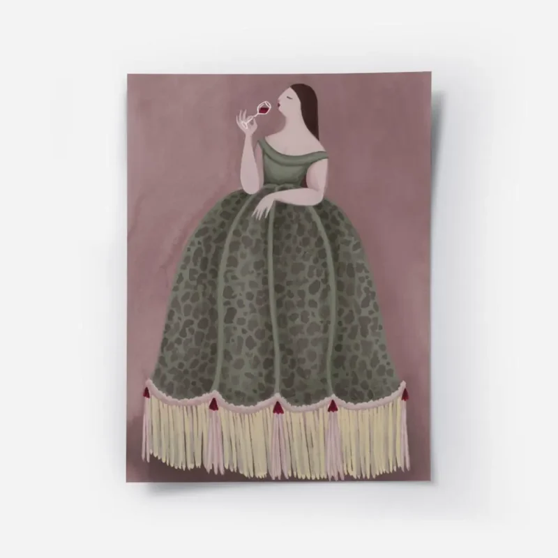 affiche audacieuse dessin de femme moderne en robe verte a franges sirotant du v.webp