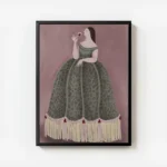 affiche audacieuse dessin de femme moderne en robe verte a franges sirotant du v avec cadre.webp