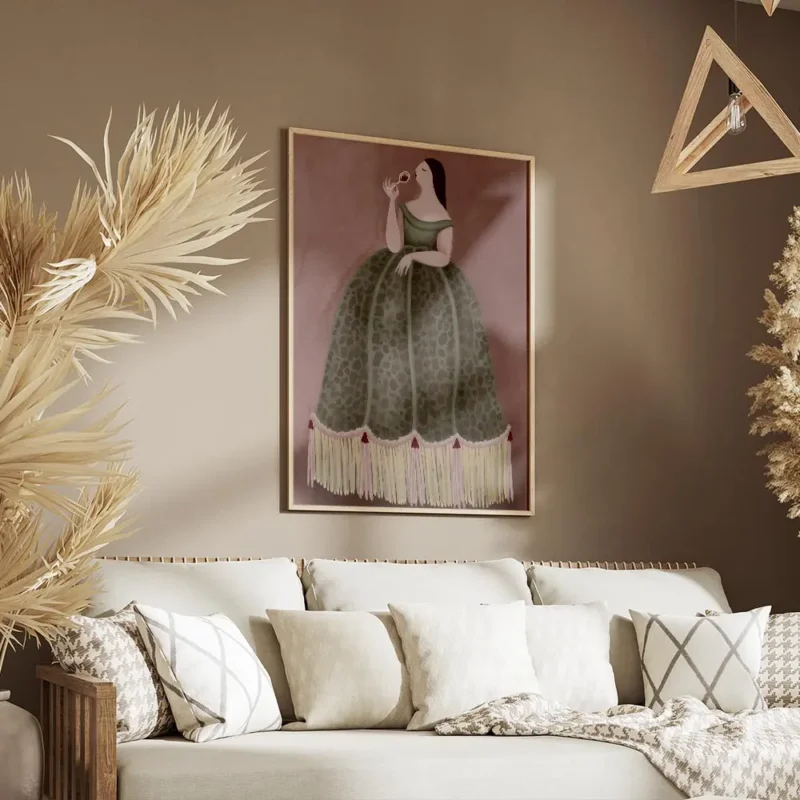 affiche audacieuse dessin de femme moderne en robe verte a franges sirotant du v salon.webp