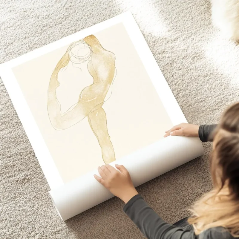 affiche auguste rodin figure de danseuse en tons beiges et dores sur un fond cla au sol.webp