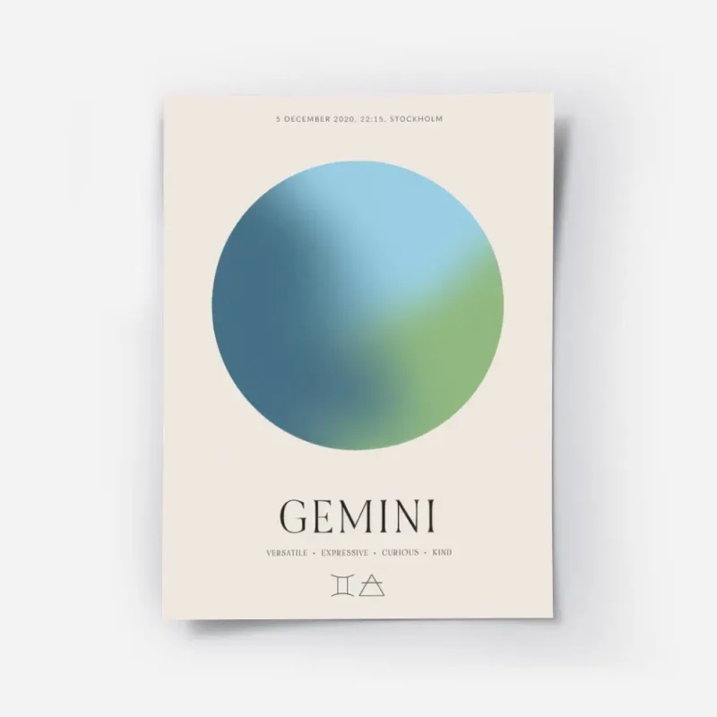 affiche aura energy gemeaux avec globe bleu et vert typographie gemeaux et symbo.webp