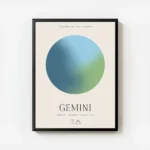 affiche aura energy gemeaux avec globe bleu et vert typographie gemeaux et symbo avec cadre.webp