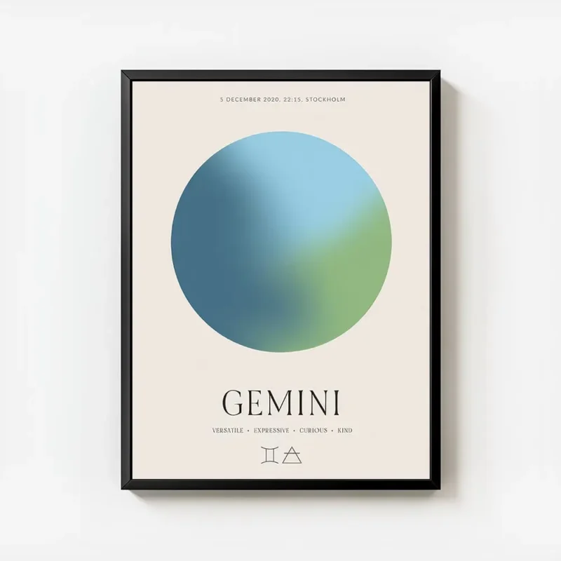 affiche aura energy gemeaux avec globe bleu et vert typographie gemeaux et symbo avec cadre.webp