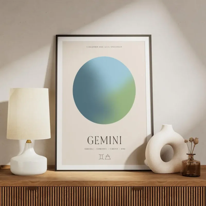 affiche aura energy gemeaux avec globe bleu et vert typographie gemeaux et symbo meuble.webp