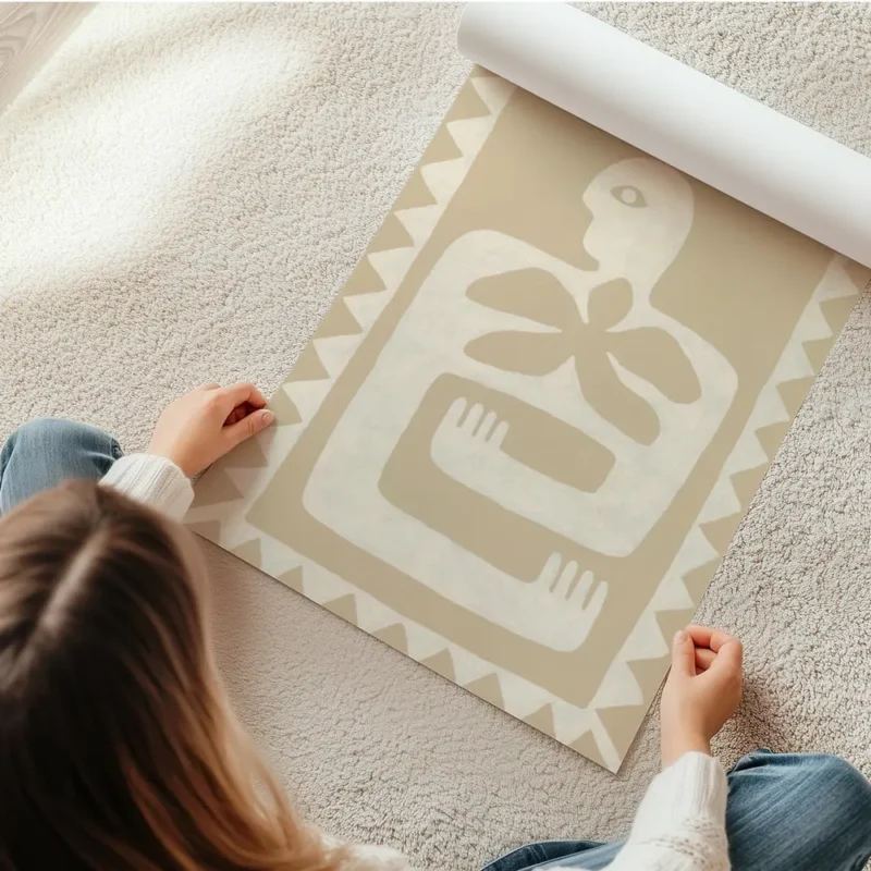 affiche aux couleurs beiges et blanc casse representant une silhouette humaine s en rouleau.webp