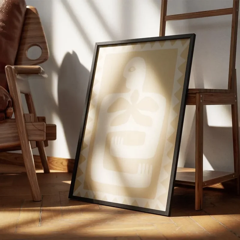 affiche aux couleurs beiges et blanc casse representant une silhouette humaine s encadre.webp