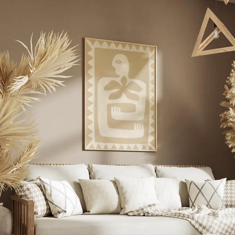 affiche aux couleurs beiges et blanc casse representant une silhouette humaine s salon.webp