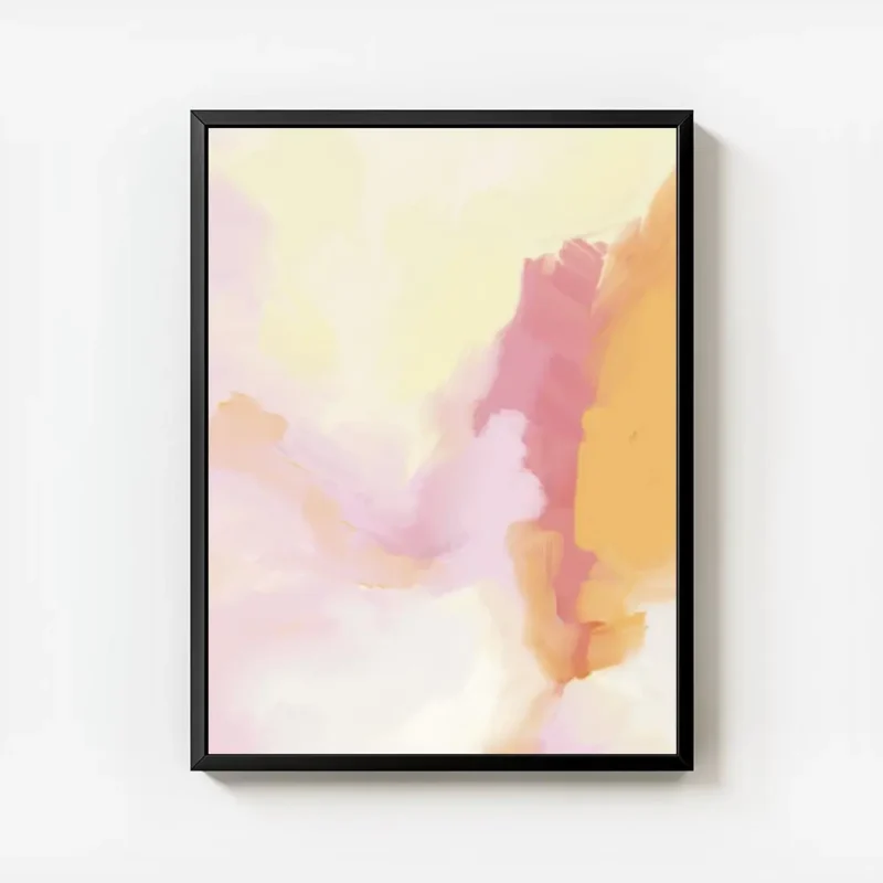 affiche aux couleurs douces et pastel rose jaune et orange avec des coups de pin avec cadre.webp