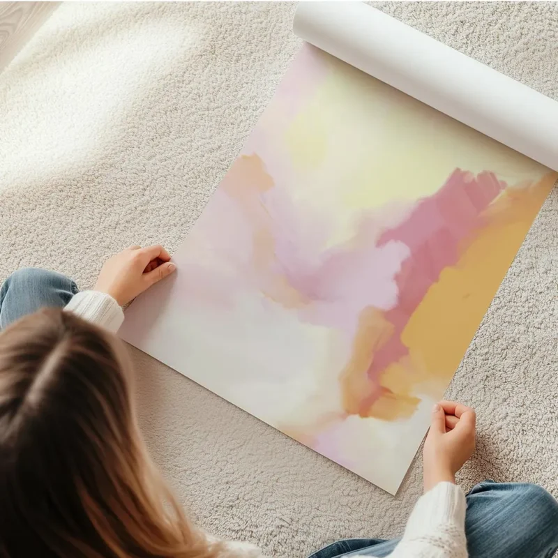 affiche aux couleurs douces et pastel rose jaune et orange avec des coups de pin en rouleau.webp