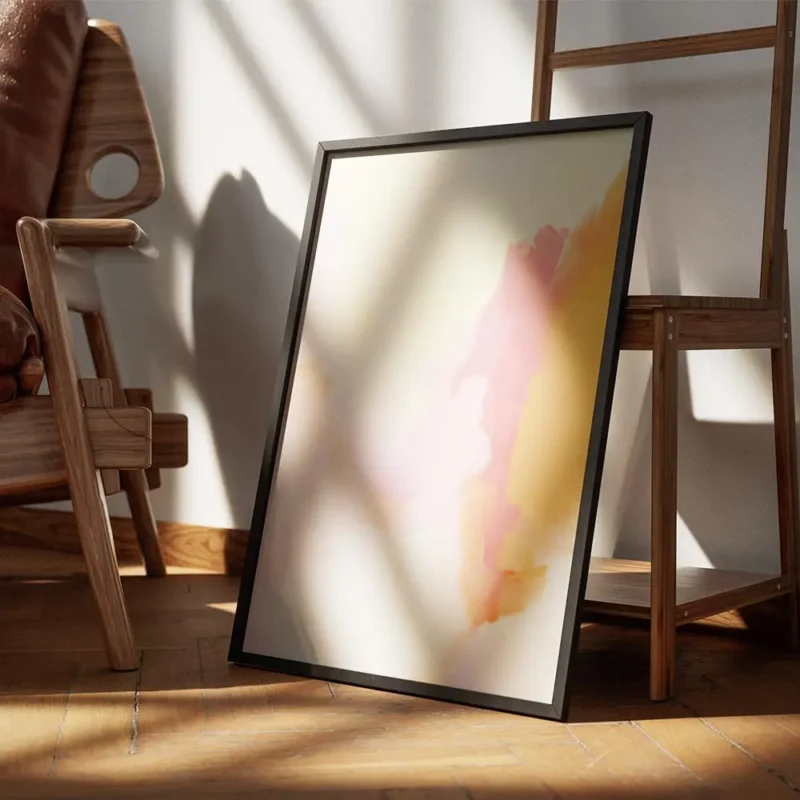 affiche aux couleurs douces et pastel rose jaune et orange avec des coups de pin encadre.webp