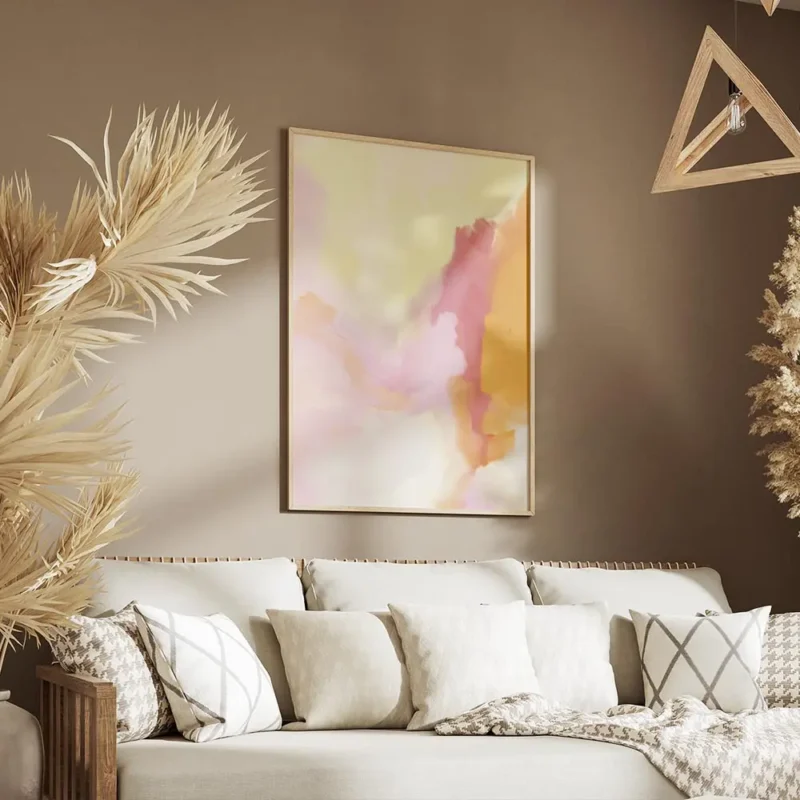 affiche aux couleurs douces et pastel rose jaune et orange avec des coups de pin salon.webp