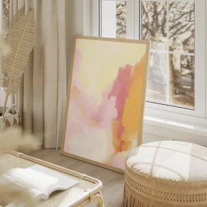 affiche aux couleurs douces et pastel rose jaune et orange avec des coups de pin salon beige.webp