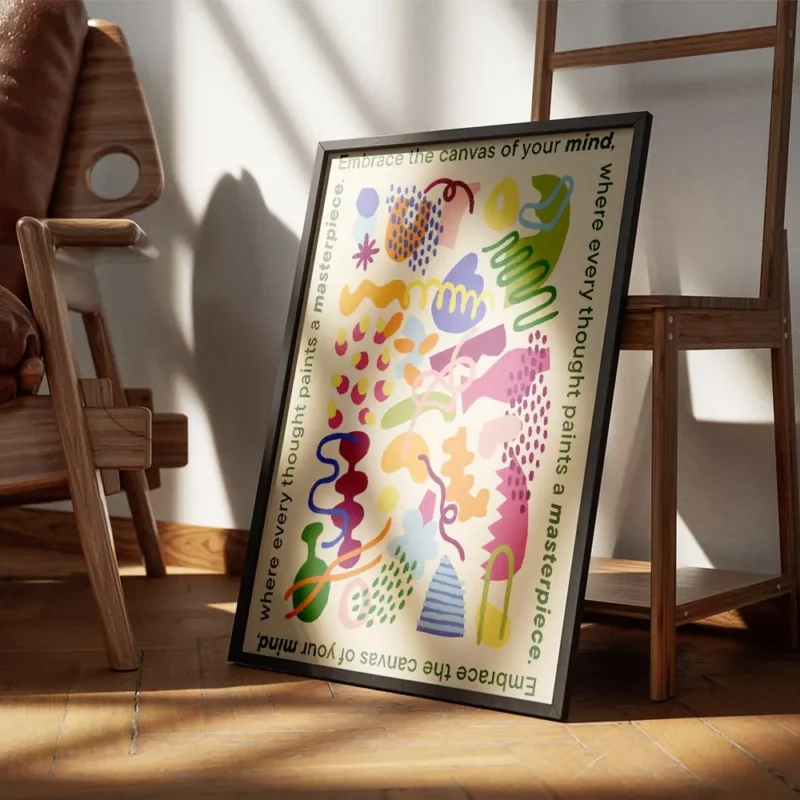 affiche aux formes abstraites et colorees sur fond jaune clair texte vert sur le encadre.webp