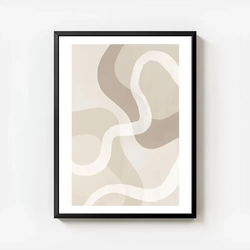 affiche aux formes abstraites et ondulees dans des tons de beige brun et blanc avec cadre.webp