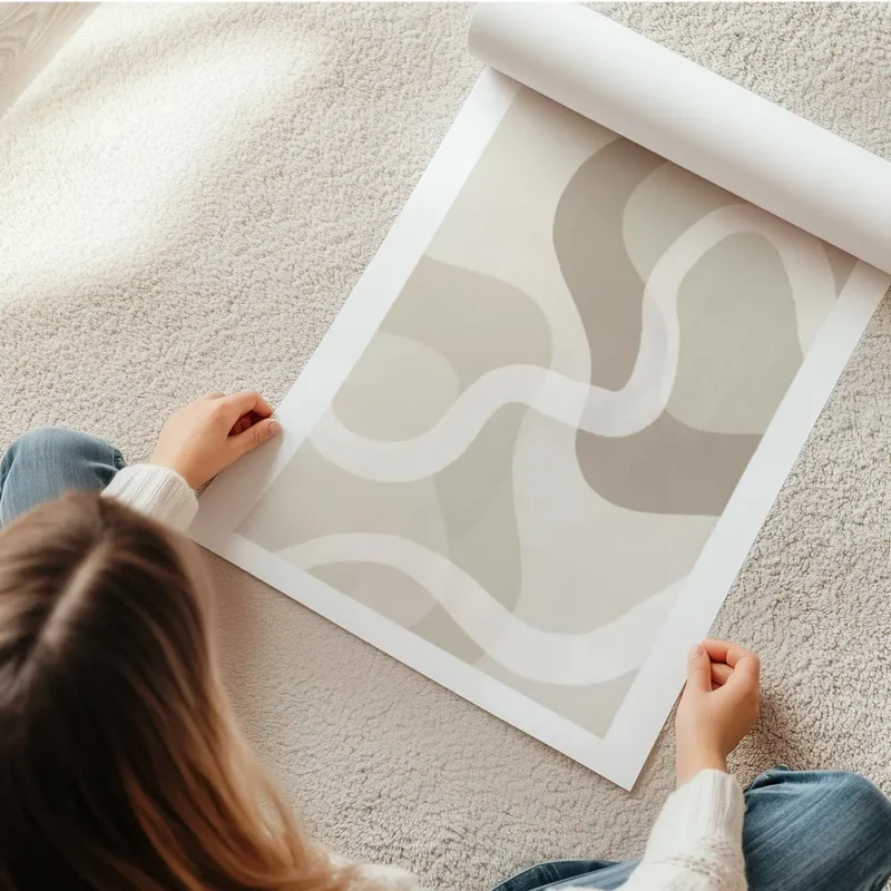 affiche aux formes abstraites et ondulees dans des tons de beige brun et blanc en rouleau.webp