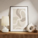 affiche aux formes abstraites et ondulees dans des tons de beige brun et blanc meuble.webp