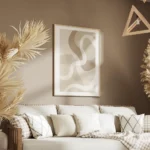 affiche aux formes abstraites et ondulees dans des tons de beige brun et blanc salon.webp