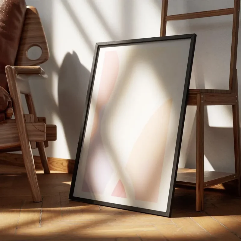 affiche aux formes douces et organiques avec des aplats de couleurs pastel comme encadre.webp
