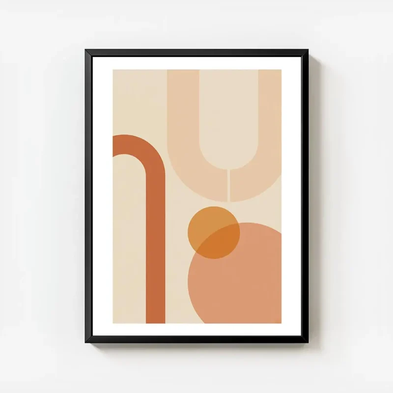 affiche aux formes geometriques orange et peche sur fond beige avec bordure blan avec cadre.webp